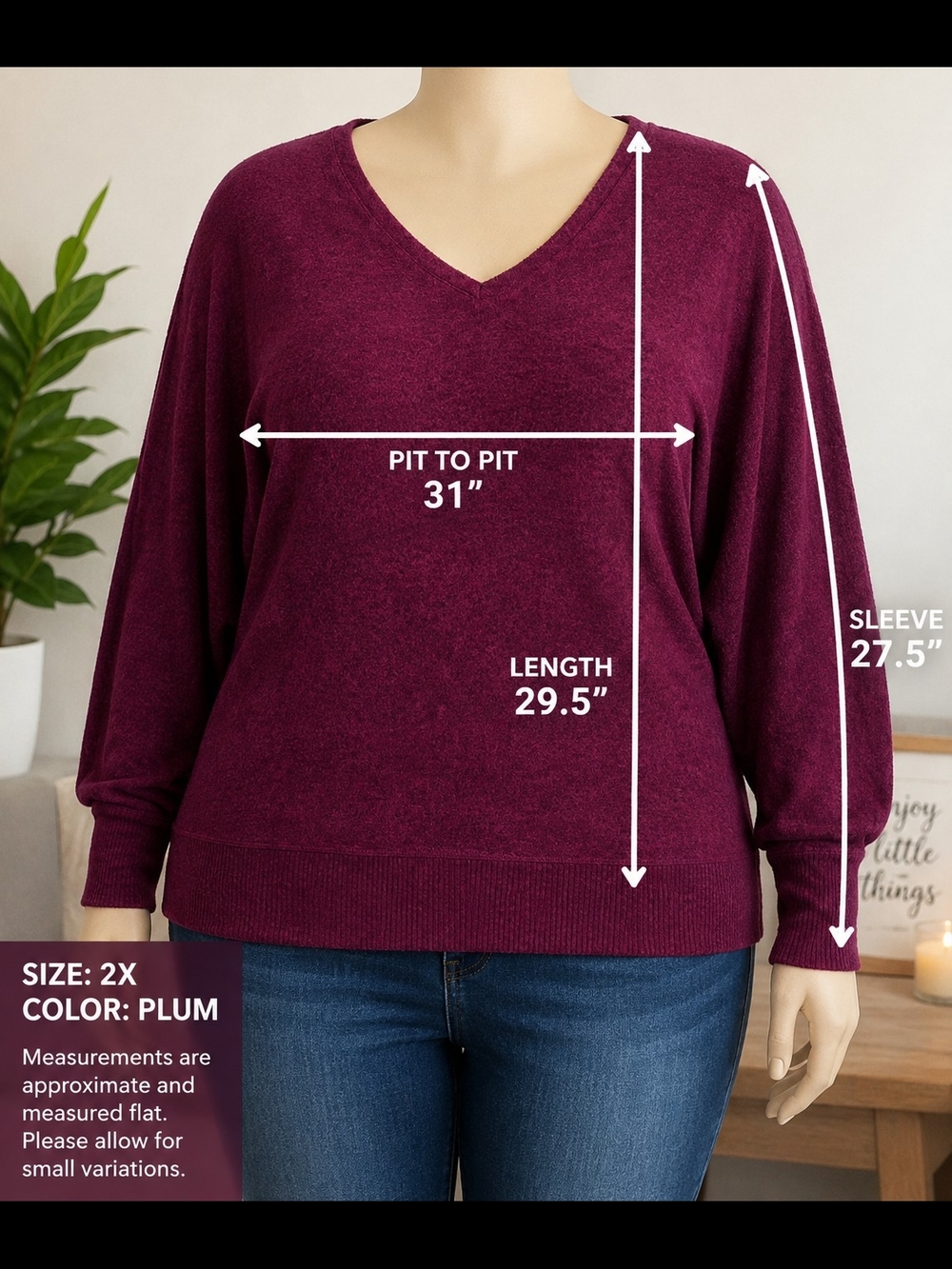 Falls Creek Plus Size 2X Plum V-Neck Dolman Sleeve Ultra Soft Cozy Sweater